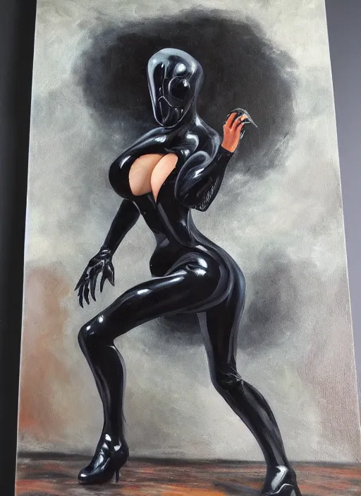 Image similar to oil painting of female monster full figure made out of black latex, full body armor, horror