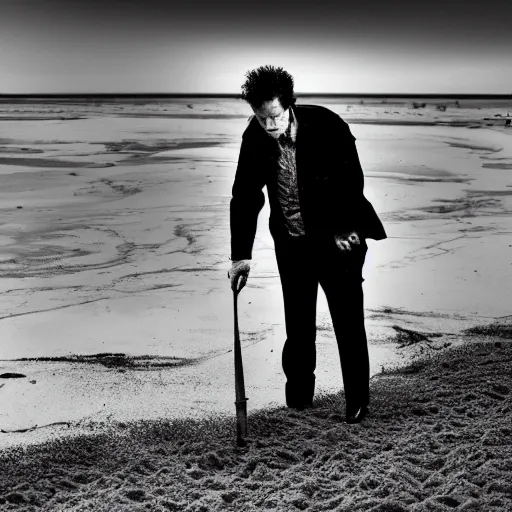 Image similar to tom waits buried in the sand up to his head with the tide approaching quickly, gorgeous image, professional photograph, great lighting, 4 k