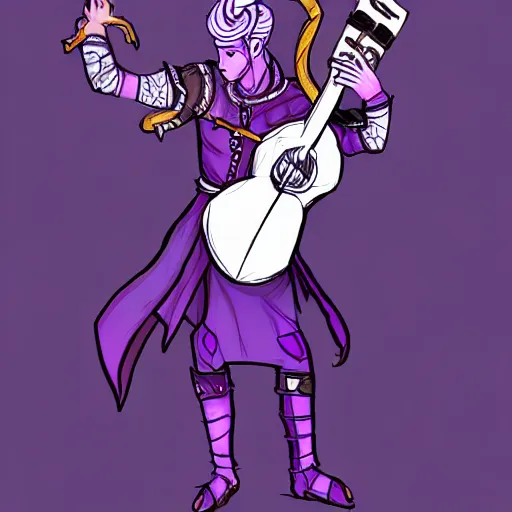 Image similar to a purple tiefling bard with long white horns wearing light armor and carrying a guitar as drawn by the sketch goblin and thesketchgoblin