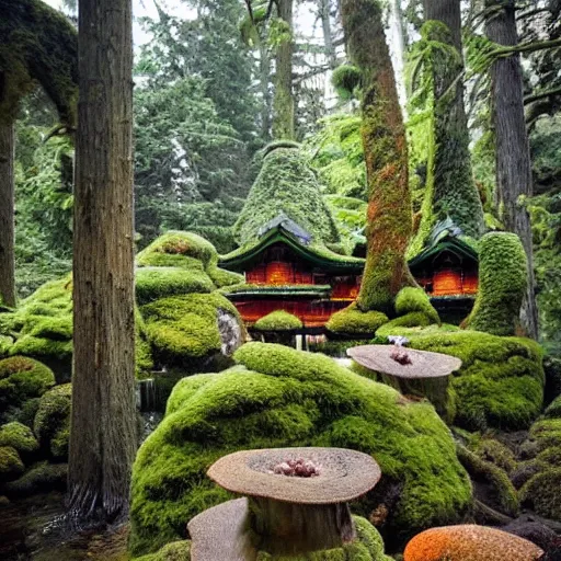 Image similar to pacific northwest tea house, moss, reishi mushrooms, teapots, forest themes, beautiful elaborate interior design, modern teahouse design, j-tea international