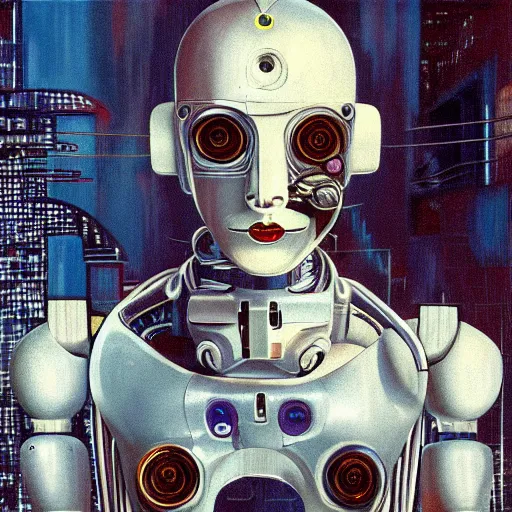 Prompt: a self portrait of a cyberpunk ai robot, by dali