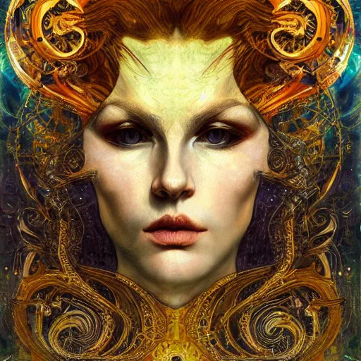 Image similar to Divine Chaos Engine portrait by Karol Bak, Jean Deville, Gustav Klimt, and Vincent Van Gogh, celestial, visionary, fractal structures, ornate realistic gilded medieval icon, spirals, mystical