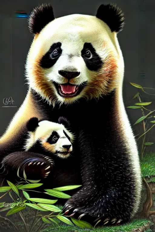 Prompt: clear portrait of a baby panda, cottagecore!!, background hyper detailed, character concept, full body, dynamic pose, glowing lights!! intricate, elegant, highly detailed, digital painting, artstation, concept art, smooth, sharp focus, illustration, art by artgerm and greg rutkowski and alphonse mucha