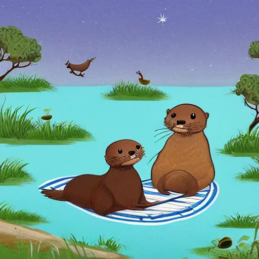 Prompt: storybook illustration of a river otter and a sea otter having a picnic