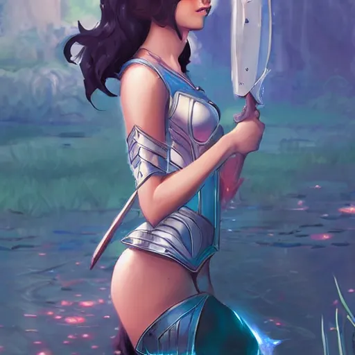 Prompt: fantasy woman in armor looking herself in a pond girl miss attractive eye catching official fanart behance hd artstation by Rossdraws and Jesper Ejsing, by Makoto Shinkai and Lois van baarle, ilya kuvshinov, mystic theme