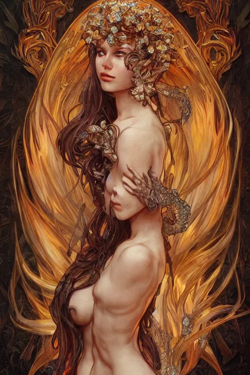 Image similar to fire in the shape of a woman, anatomy, cute, fantasy, intricate, elegant, highly detailed, digital painting, 4 k, hdr, concept art, smooth, sharp focus, illustration, art by artgerm and h r giger and alphonse mucha