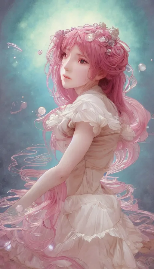 Prompt: portrait of madoka magica, dreamy and ethereal, expressive pose, big pink eyes, peaceful expression, ornate frilly dress, fantasy, intricate, elegant, many rainbow bubbles, rose tones, highly detailed, digital painting, artstation, concept art, smooth, sharp focus, illustration, art by artgerm and greg rutkowski and alphonse mucha