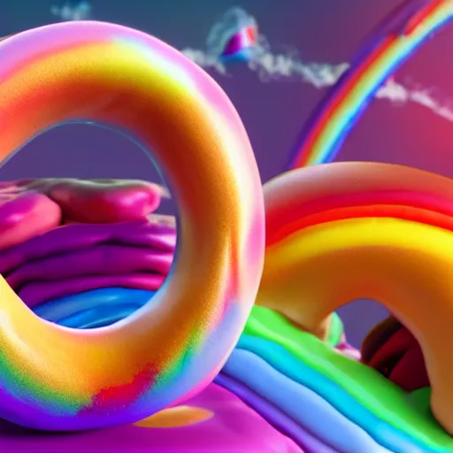 Image similar to a unicorn with flammingo neck is pooping rainbow colored donuts, unreal engine, octane render