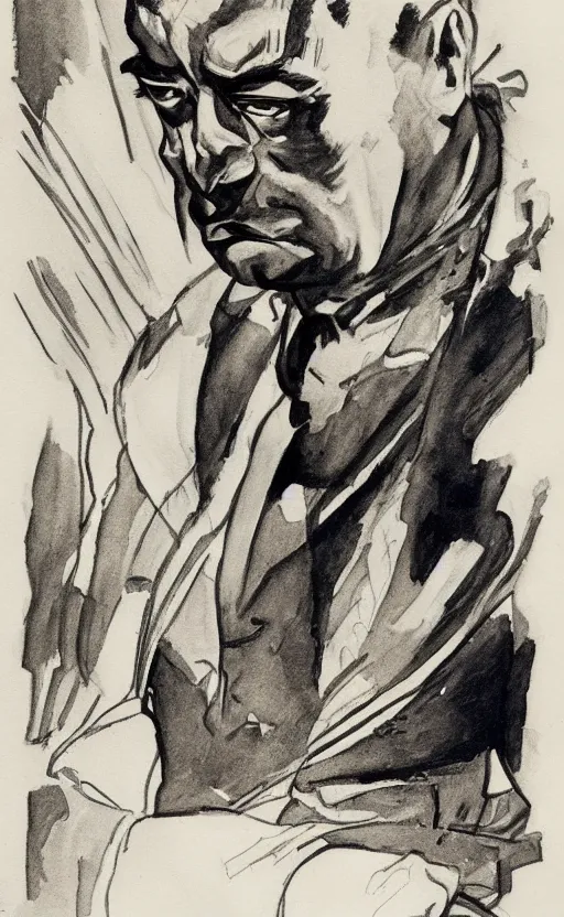 Image similar to buster keaton portrait drawn by john buscema, face and upper body focus, thin yet muscular acrobat, soft shading, watercolors, marvel comics high quality scan