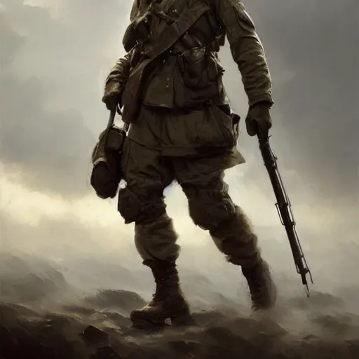 Image similar to a dramatic epic ethereal portrait of a WWII soldier, full body with dynamic pose, male, detailed face, cinematic lighting, highly detailed oil on canvas painting by Greg Rutkowski, winning-award digital art trending on Artstation H 1024 W 832