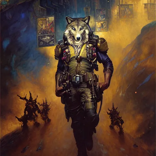 Image similar to portrait of a wolf in uniform as a captain. shadowrun furaffiniy cyberpunk fantasy highly detailed painting by gaston bussiere craig mullins jc leyendecker gustav klimt artgerm greg rutkowski john berkey, bergey, craig mullins, ruan jia, raymond swanland, jeremy mann, tom lovell, alex malveda