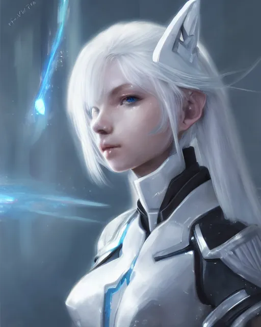 Image similar to perfect white haired girl, warframe armor, beautiful, dreamy, portrait, highly detailed, digital painting, trending on artstation, concept art, sharp focus, illustration, pretty face, blue starry eyes, scifi platform, front lit, laboratory, experiment, masterpiece, art by masayoshi tanaka, akihiko yoshida, kazuya takahashi