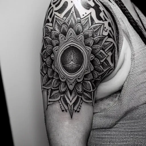 Image similar to intricate, lots of parts, high detail, sacred geometry tattoo, professional photography