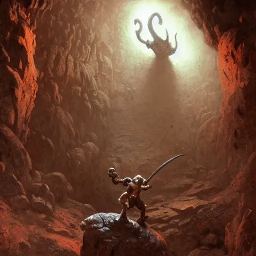 Prompt: A gully-dwarf fighting a Beholder in a cavern in the Underdark, wide view, intricate, Dungeons and Dragons, highly detailed, artstation, concept art, smooth, sharp focus, illustration, art by greg rutkowski and orientalism and bouguereau and Zdzislaw Beksinski, good clear quality, lighting, biology, symmetrical artwork, perfect face, 135 mm, cinematic, hyper realism, high detail, octane render, 8k, chrome accents