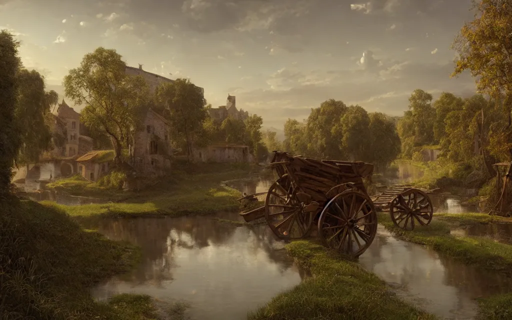 Prompt: an old wooden cart, in the background a medieval french village, a stream on the side, reflections, cinematic lighting, perfect composition, 4 k, gustave dore, derek zabrocki, greg rutkowski, belsinski, octane render, fantasy