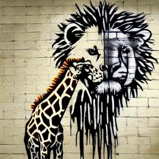 Prompt: a giraffe and a lion painting by banksy, graffiti art.