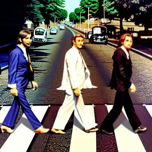 Image similar to abbey road with the three stooges,