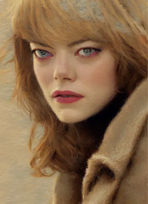 Image similar to emma stone in beige coat, close up portrait, winter new york, snow, artwork by gaston bussiere, craig mullins, trending on artstation