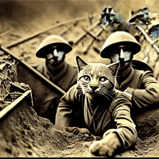 Prompt: an image of cats in british WWI gear waiting in the trenches for the next battle, 4k, photorealism