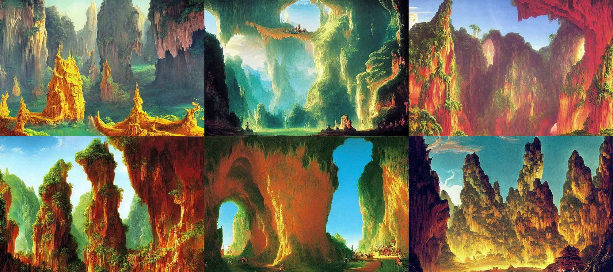 Prompt: longyou caves in the style of dr. seuss, starships, painting by thomas cole