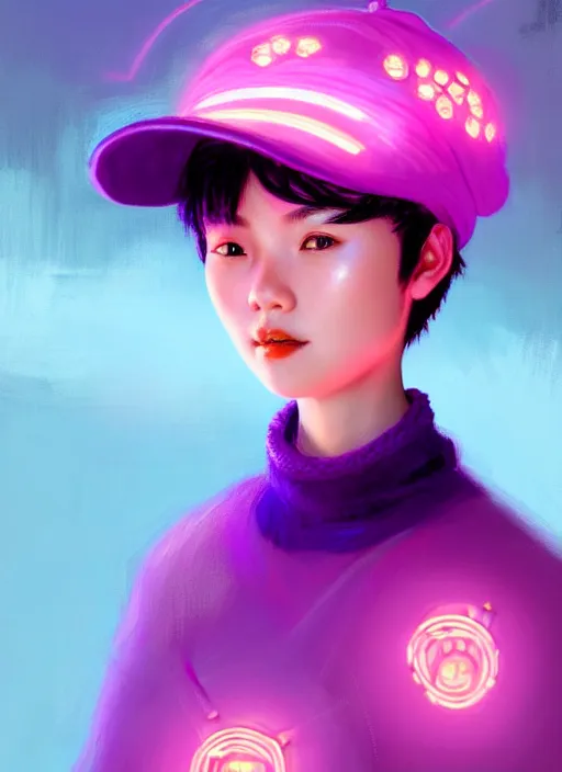 Image similar to portrait of chinese shanghai girl with bright pink hair, curly pixie cut hair, wearing a purple cap, breton cap, intricate, elegant, glowing lights, highly detailed, digital painting, artstation, concept art, smooth, sharp focus, illustration, art by wlop, mars ravelo and greg rutkowski