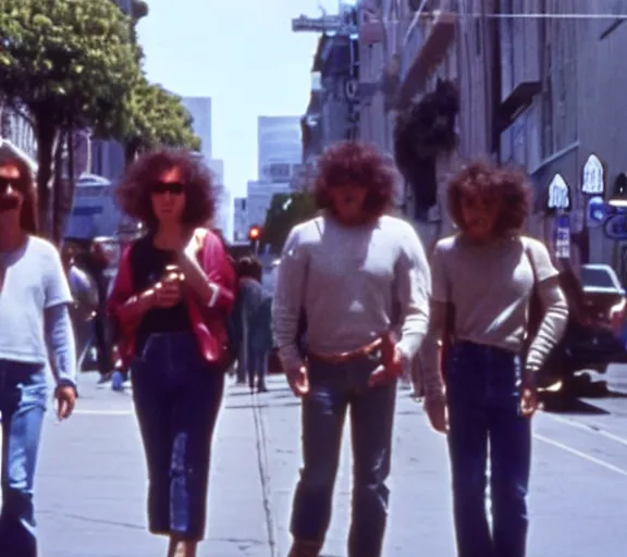 Prompt: color film still of aliens observing humans walking on the street in San Francisco in 1985