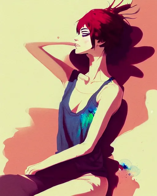 Image similar to a ultradetailed painting of a stylish woman waking up, she is wearing a tank top by conrad roset, greg rutkowski and makoto shinkai trending on artstation