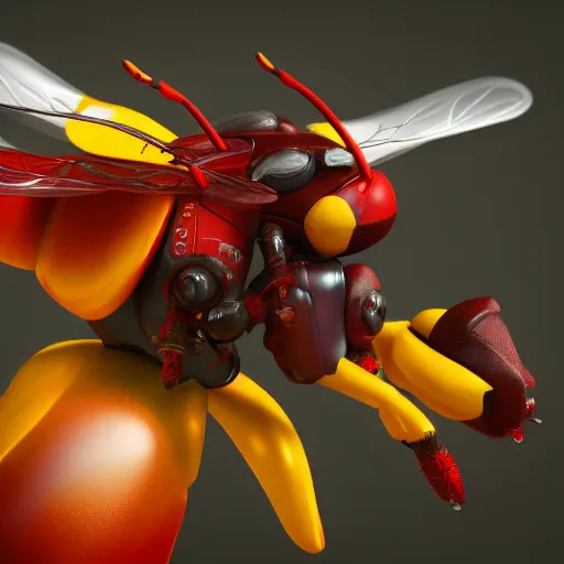 Prompt: crimson cyberpunk flying bee, 4k octane render