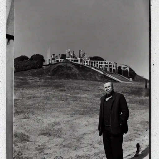 Image similar to san francisco, strawberry hill, post - nuclear city in background, man standing in front of bunker door, tintype photograph