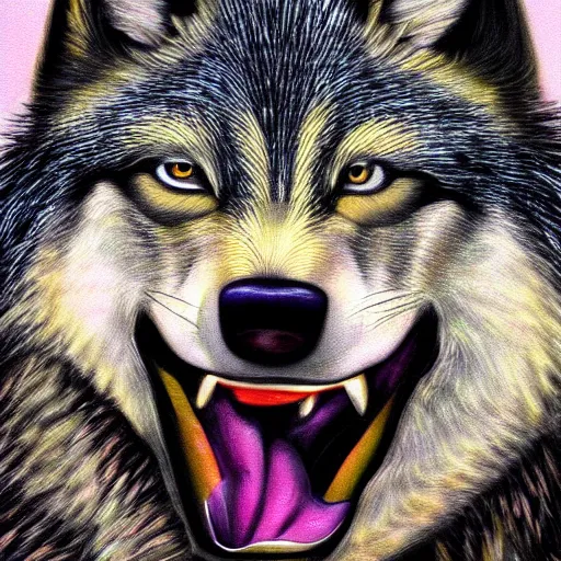 Prompt: realistic portrait of retarded wolf, eyes in different directions, vivid colors, very ugly face, missing teeth