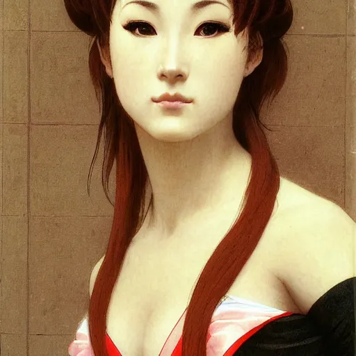 Image similar to Portrait of Kasumi from acclaimed video game series Dead or Alive, drawn by William Adolphe Bouguereau