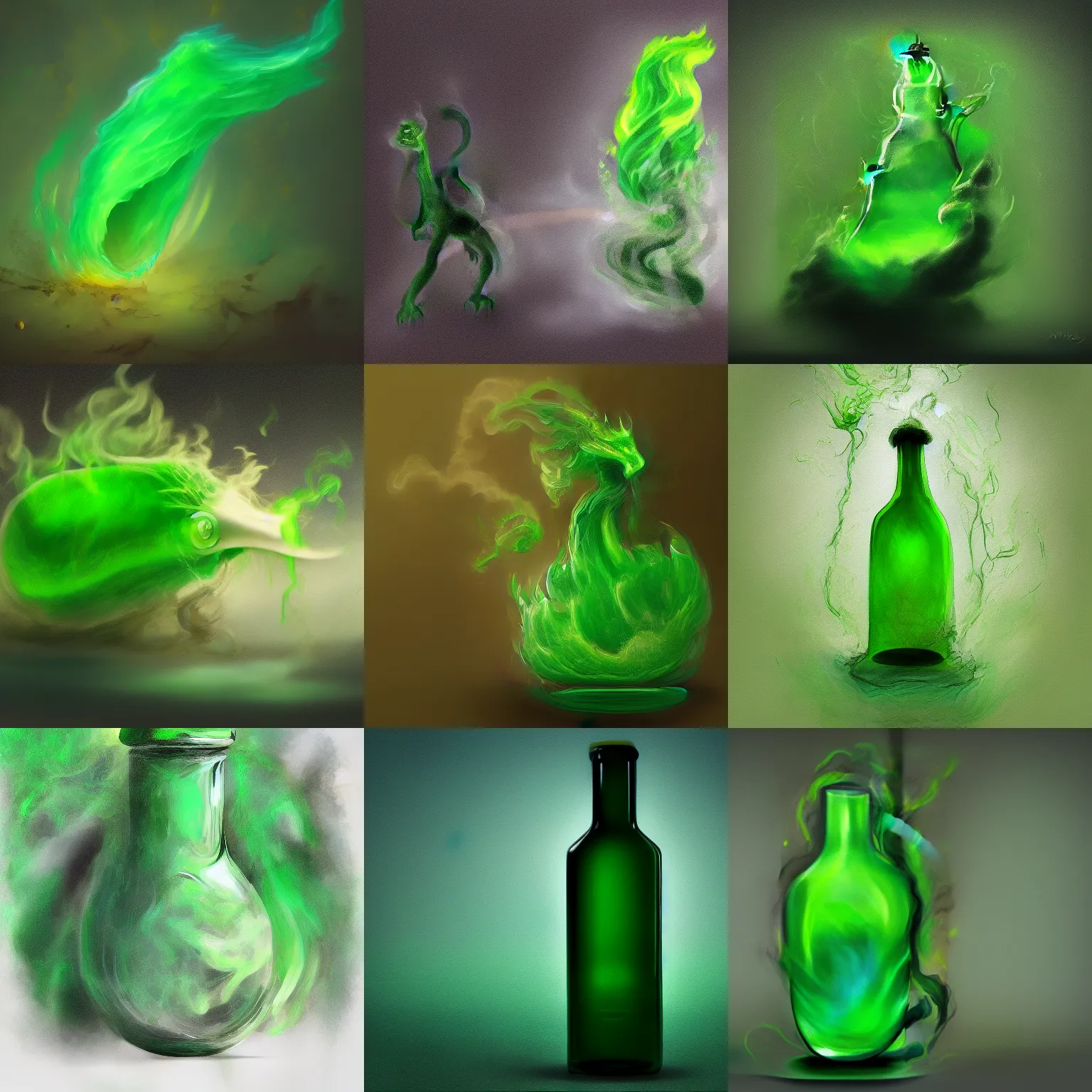 Prompt: a glass bottle with a green liquid inside, a green cloud of smoke shaped like a dragon comes out from it, impressionist digital drawing, procreate, artstation award winner