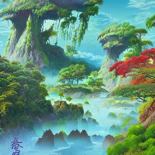 Prompt: digital painting of a lush natural scene on an alien planet by masatake shiyouji. digital render. detailed. beautiful landscape. colourful weird vegetation. cliffs and water.