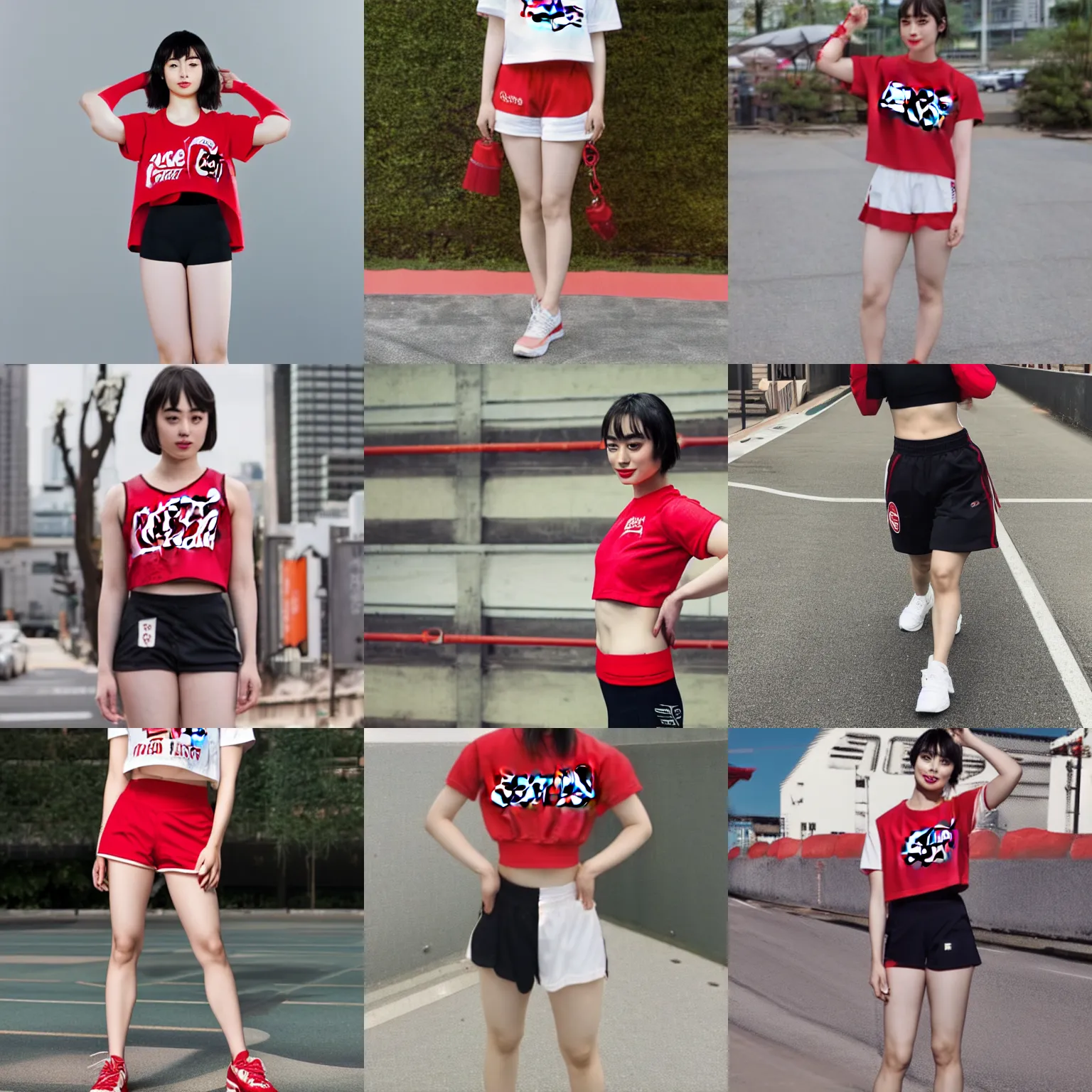 Prompt: suzu Hirose wearing crop red Coca Cola gym top with white Lettering, cropped red yoga short, photograph, masterwork