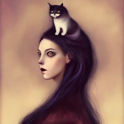 Image similar to a painting of a woman with a cat on her shoulder, a character portrait by tom bagshaw, featured on deviantart, gothic art, wiccan, lowbrow, goth