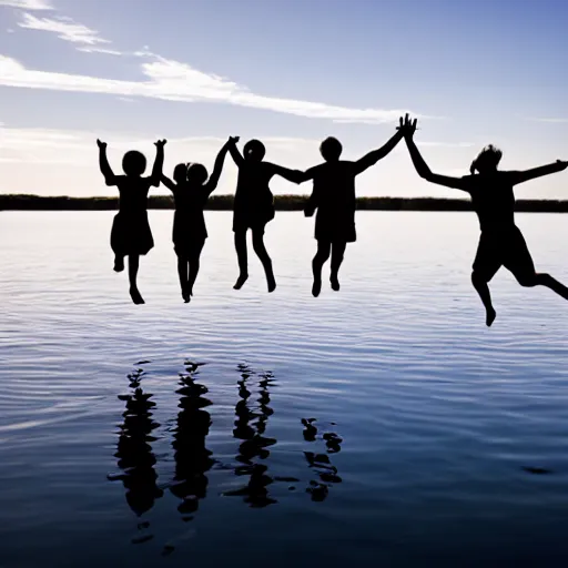 Image similar to family jumping off a dock into lake silhouette