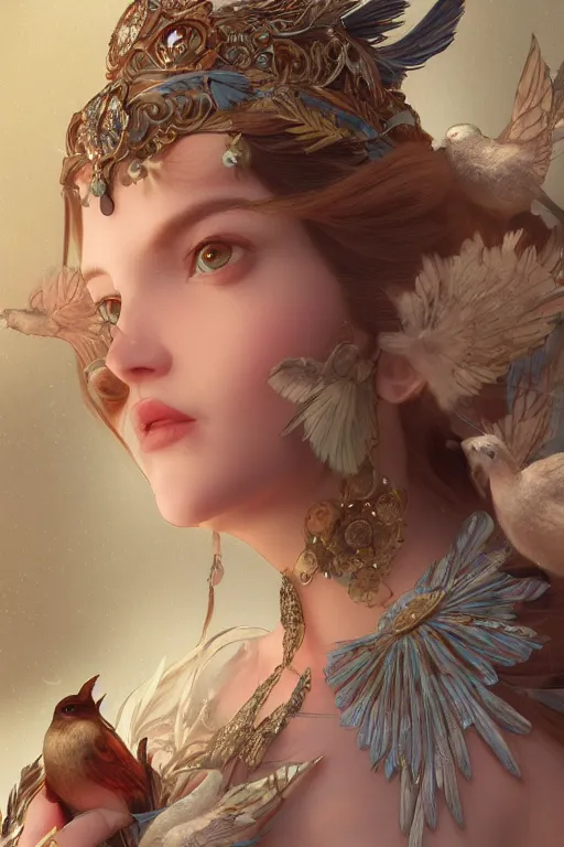 Image similar to extremely beautiful face closeup, 3 d render of english princess holding birds, ornaments, mucha vibe, dieselpunk, solarpunk, artstation, gorgeous, elegant, graceful