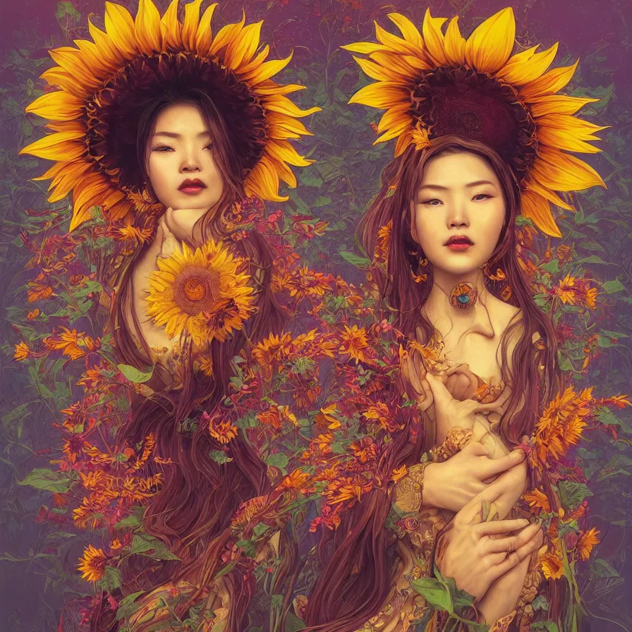 Image similar to Sunflower Chinese goddess-queen, colourful, surreal, dramatic lighting, face, detailed, intricate, elegant, highly detailed, digital painting, artstation, concept art, smooth, sharp focus, illustration, art by Sam Spratt, Dan Mumford, Artem Demura and Alphonse Mucha