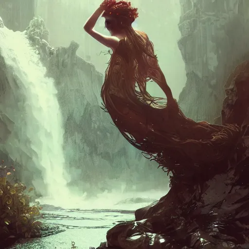 Prompt: a full body portrait of a beautiful teen post apocalyptic offworld neoicelandic biofarmer swimming by the waterfalls, intricate, elegant, highly detailed, digital painting, artstation, concept art, smooth, sharp focus, illustration, art by krenz cushart and artem demura and alphonse mucha