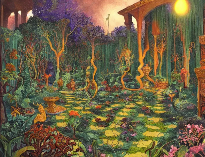 Image similar to lovecraftian persian palace garden. this oil painting by the beloved children's book illustrator has dramatic lighting, an interesting color scheme and great sense of depth.