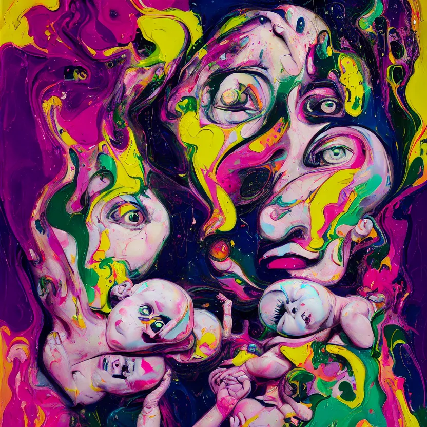 Prompt: woman holding a baby, an ultrafine detailed painting by peter max and francis bacon and fiona rae and maryam hashemi and hernan bas and anna mond, featured on deviantart, metaphysical painting, pop surrealism, melting paint, biomorphic, mixed media, photorealistic, dripping paint, palette knife texture, masterpiece