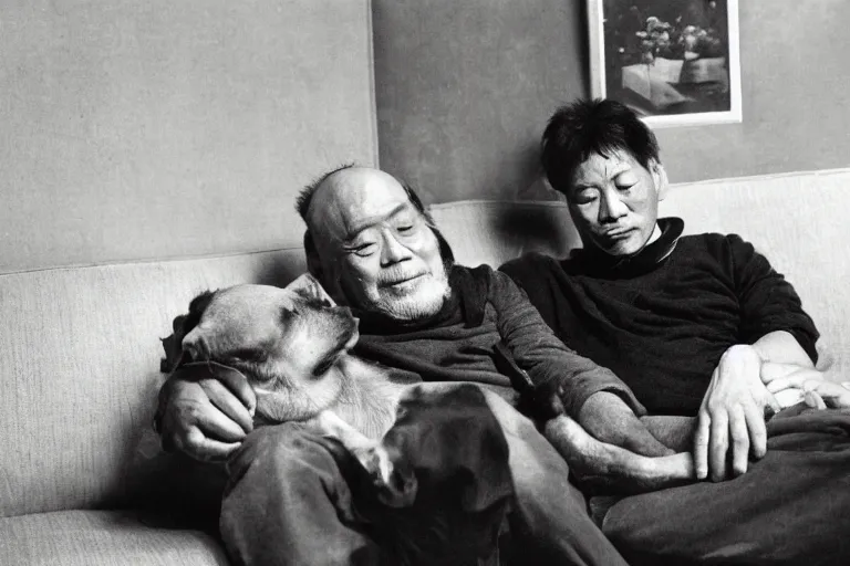 Image similar to A man leaning back on a sofa with his dog in his lap, Shinji Aramaki