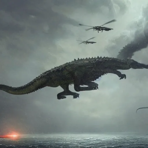 Image similar to an giant reptile creature destroying flying helicopters in a foggy storm weather, Matte painting , detailed painting, greg rutkowski