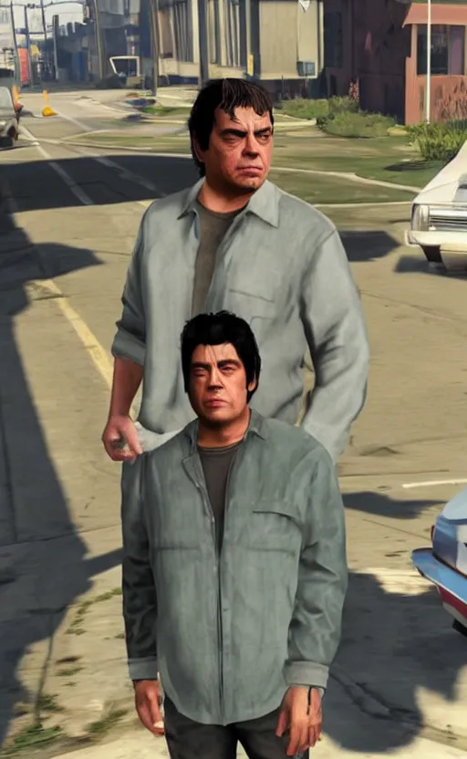 Image similar to benicio del toro as a loading screen character in gta v