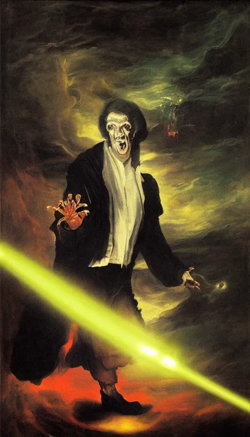 Prompt: obama is the highest ranking member of a highly advanced technological vampire cult, shooting lazer beams, hyperrealistic, surrealcore, lovecraftian, bright colours, 4 k by francisco goya