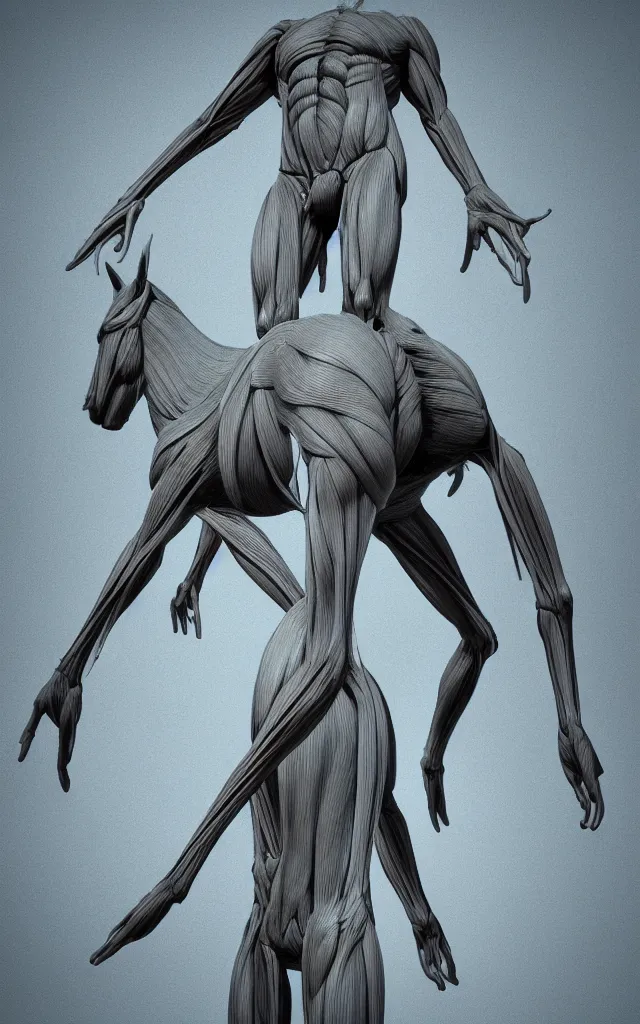 Prompt: intricated scientific medical 3d animation of the muscles and veins of a centaur monster in a mud road 3d octane render studio lighting