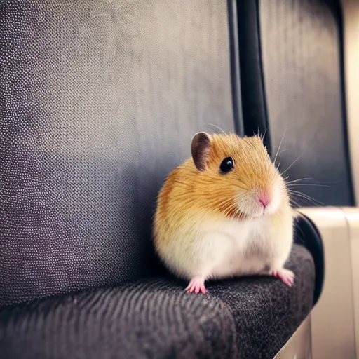 Image similar to detailed photo of a hamster, sitting on a seat in a train, various poses, wide shot, unedited, soft light, sharp focus, 8 k