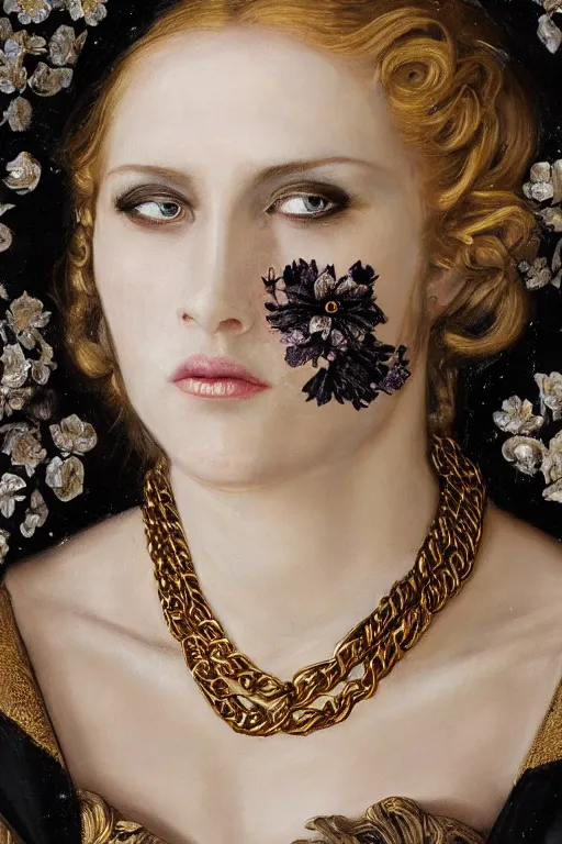 Prompt: hyperrealism close - up mythological portrait of a beautiful medieval woman's shattered face blended with black flowers in style of classicism, gold chains around the neck, pale skin, ivory make up on the eyes, wearing black silk robe, dark and dull palette