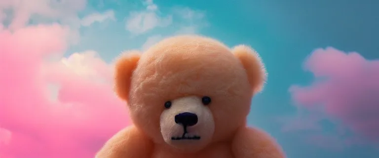 Image similar to a teddy bear with transparent skin painted by Mike Winkelmann, fluffy clouds, pink girl, cotton candy, dreamy soft, rainbow