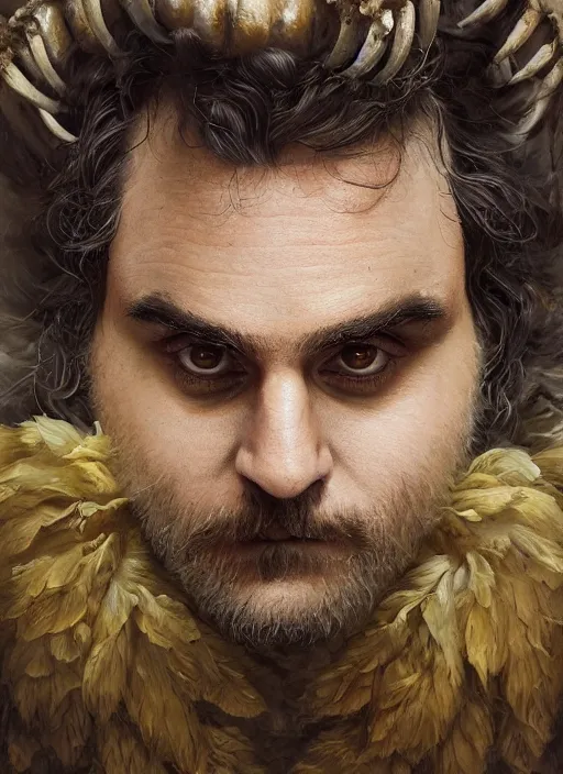 Image similar to a hyper detailed painting of an anthropomorphic joaquin phoenix as the king of animals, cow horns, pig nose, sheep wool, chicken feathers, horror, by anna podedworna, by miklos ligeti, by diego maricato, by taran fiddler, by antonino truisi, by chris reddie, on artstation